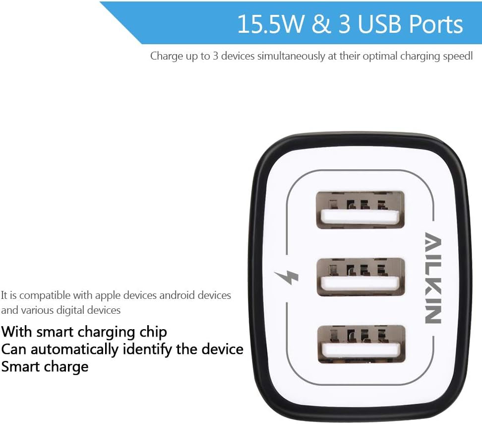Wall Charger Plug, USB Plug Wall, 3Multiport Home Charger Station Cube Box Charger Outlet Base Brick Block Replacement for Iphone, Ipad, and Iwatch Charger Plug (Black)